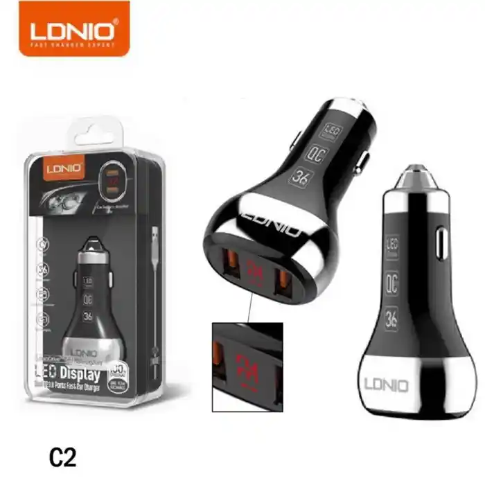 Ldino Drive C2 Fast Charging Car Charger 36W With Led Car Battery Display Dual QC3.0 USB Port, Support All Mobile Phone Charger
